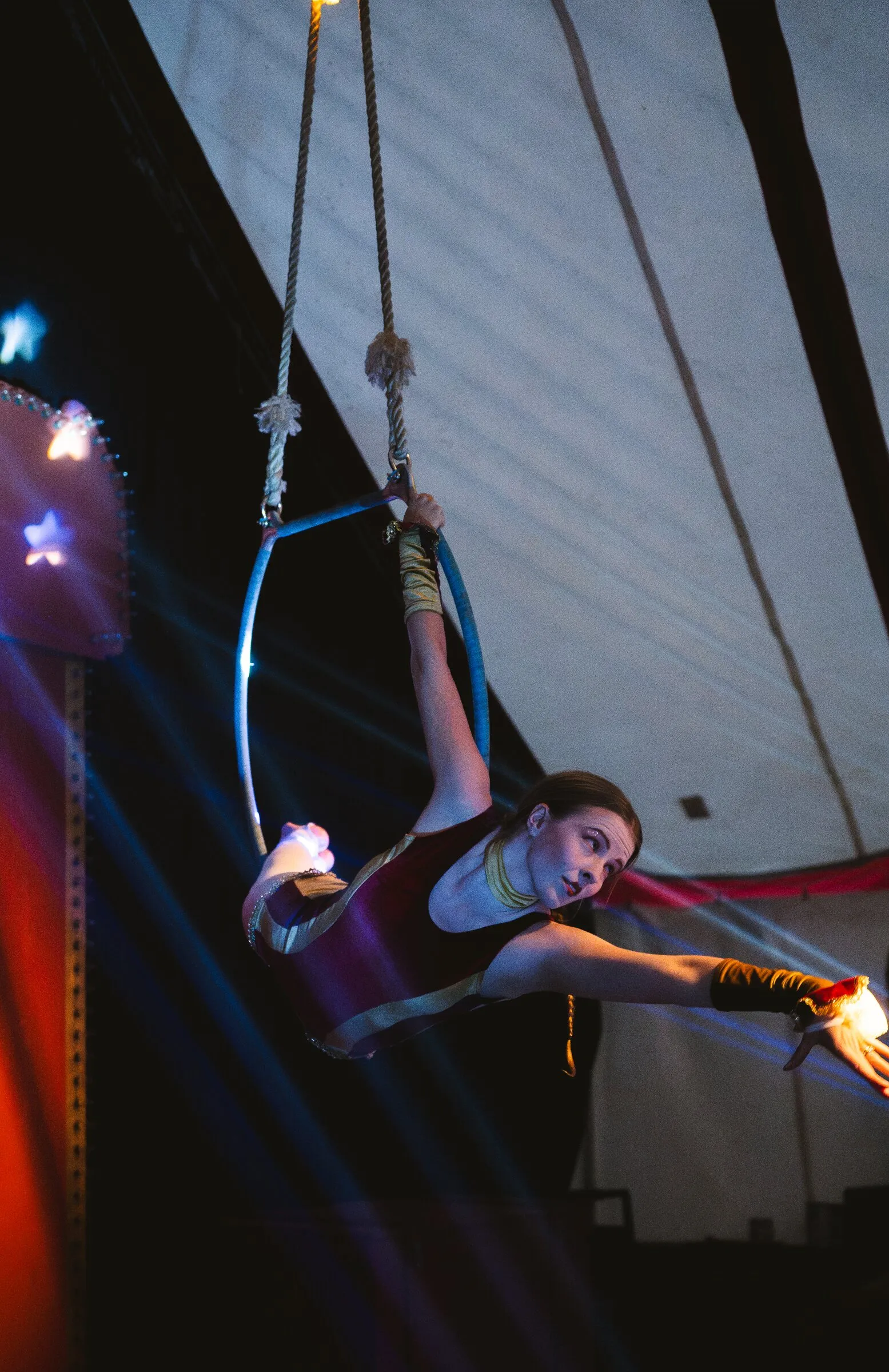 A Kuroneko Circus aerialist reaching out from an aerial hoop in shafts of blue light under the canvas