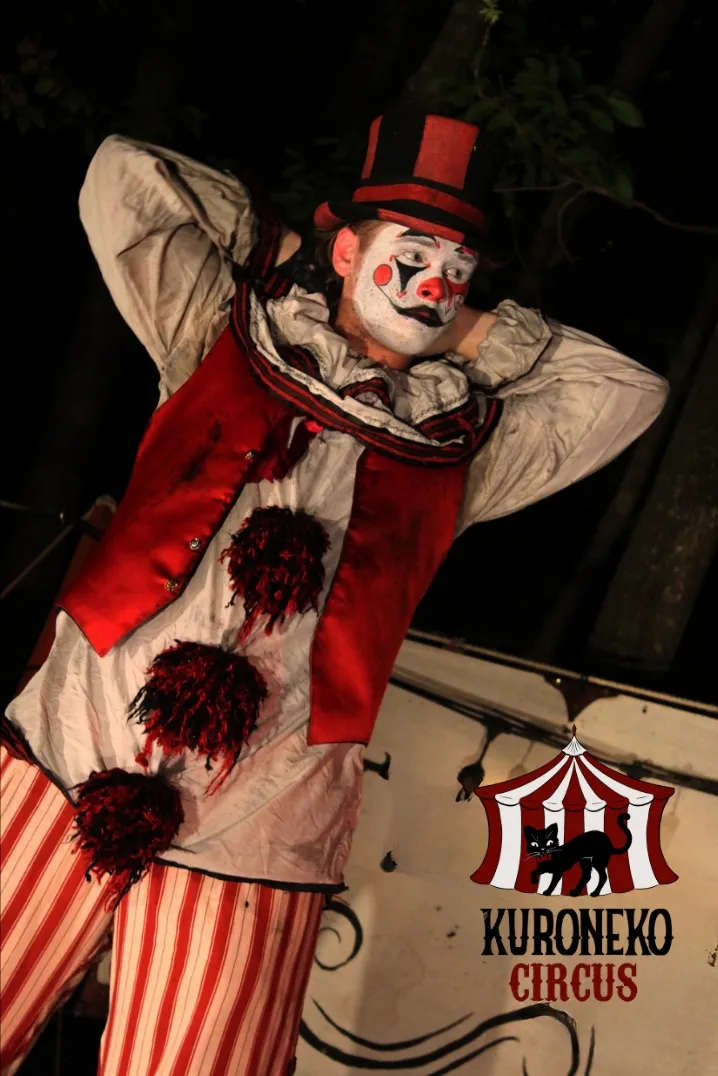 A Kuroneko Circus clown in a top hat and ragged pom-poms striking a pose during a nighttime North Carolina performance